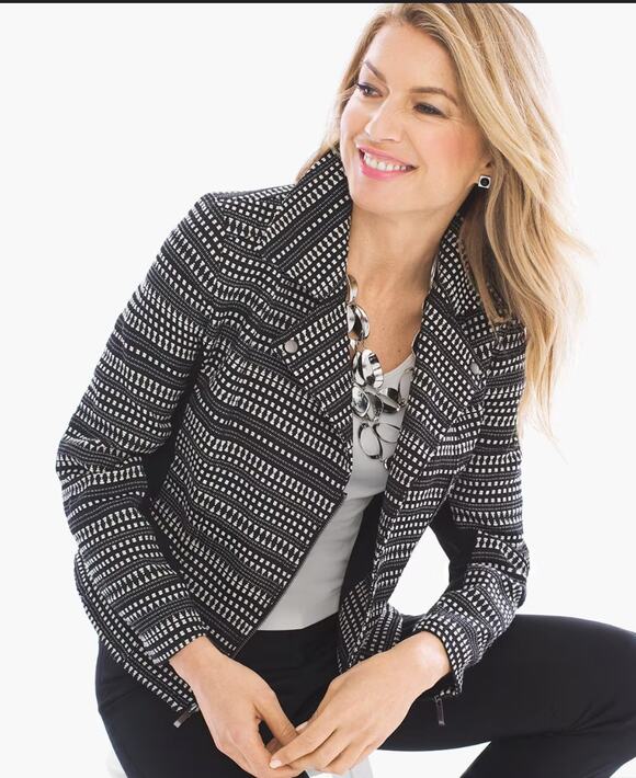 Chico's Jackets & Blazers - CHICO'S Black & White Stripe Textured Moto Zip Up Jacket // 0